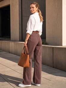 Fall Women's Brown Straight Leg Denim Jeans, Casual Cute Style With Pockets And Zipper, Long Washed Design - Rust Brown - View 3