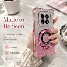 Shockproof Glitter Electroplated Magnetic Stand Phone Case, Compatible With Redmi 17 Note 17 15 14 13 12 11 Pro Plus - Pink - View 7