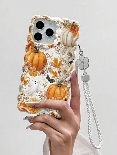 Pumpkin Painted Twisted Wave Edge Transparent Phone Case With Attached Bracelet, Flat Print, Anti-Drop, Fashionable & Cute, Compatible With IPhone 17/17 Pro/17 Pro Max/16/16 Pro/16 Pro Max/16 Plus/14/15, 10 Cases, New Shockproof Thickened Soft Full Coverage Creative Phone Shell For P14/P13/P12/P11