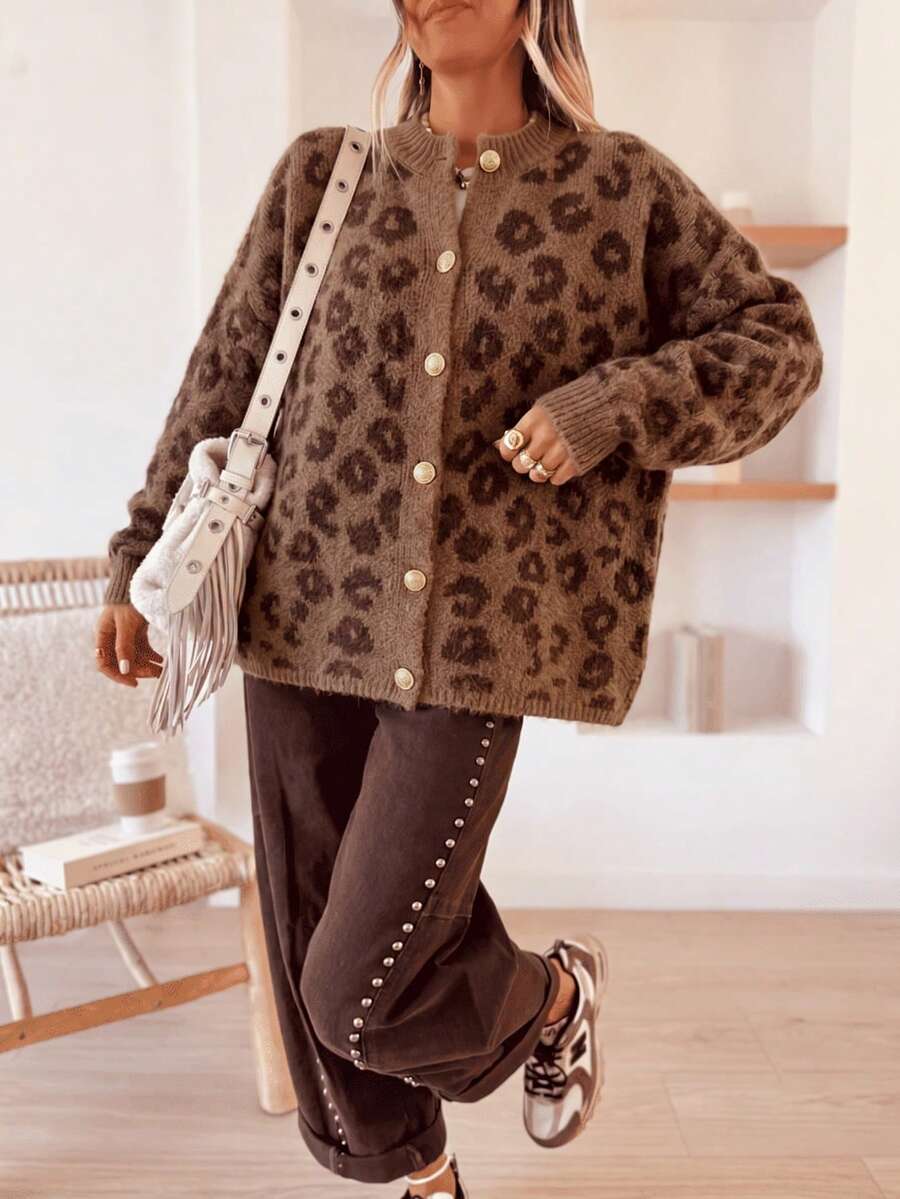 女款豹紋針織開襟外套,毛茸茸鈕扣長袖毛衣,休閒寬鬆針織衫,適合秋冬穿著 - 棕色 - 查看 1