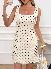 Women's Summer Solid Color Sleeveless Dress, Back Zipper Design, Casual Multi-Functional Butter Yellow Dress Elegant Vacation - Apricot Base With Black Spots - View 6
