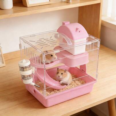 2‑Tier Clear Acrylic Hamster Cage With Slide‑Out Tray Bottom, Spacious Small Pet Habitat Enclosure With Ramp, Resting House, Water Bottle, Ventilation Holes, Sturdy Escape‑Proof Hamster Villa, Customizable Indoor Dwarf Hamster Living House