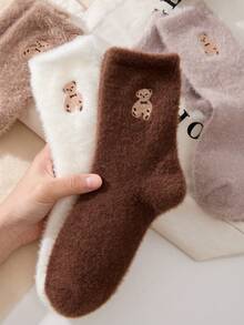 3 Pairs Warm & Comfortable Cute Bear Embroidery Pattern Women's Fuzzy Mid-Calf Socks, Suitable For Autumn/Winter - Multicolor - View 6