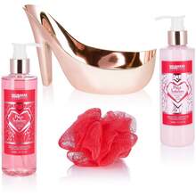 Kosmetik 4-teilig.Bade- und Dusch Set Himbeere Champagner| Pflegeset Geschenkset in High Heel Rosé Gold - 1 - Übersicht 2