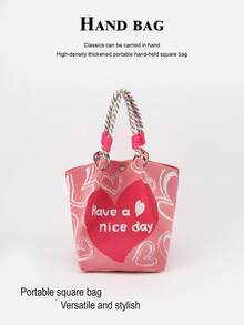 Geometric Pattern Multicolor Knot Large Capacity Bucket Bag, Handheld Tote Bag, Elegant Travel Multi-Functional Handbag - Pink - View 2