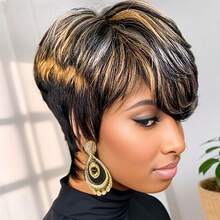 Short Straight Layered Pixie Cut Wig For Women With Bangs 180% Density Brazilian Remy Human Hair Black Mixed Blonde (1B3060) Perfect For Everyday & Cosplay & Parties & Music Festival & Halloween Party & Christmas Party Wig - 1B3060 - 查看 3