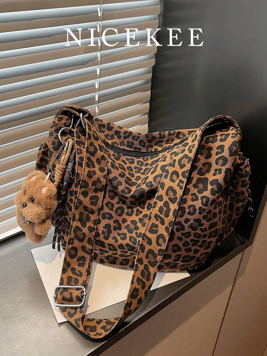 Nicekee Retro Popular Leopard Print Shoulder Bag With Adjustable Wide Strap And Cute Hanging Accessories, Suitable For Commuting Shopping - Multicolor - View 1