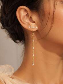 outingfit 1 Pair Minimalist Tassel Rhinestone Water Drop Pendant Earrings, Niche High-End Fashion Micro-Inlaid Rhinestone Ear Jewelry, Suitable For Women's Daily Versatile Accessory - Gold - View 1