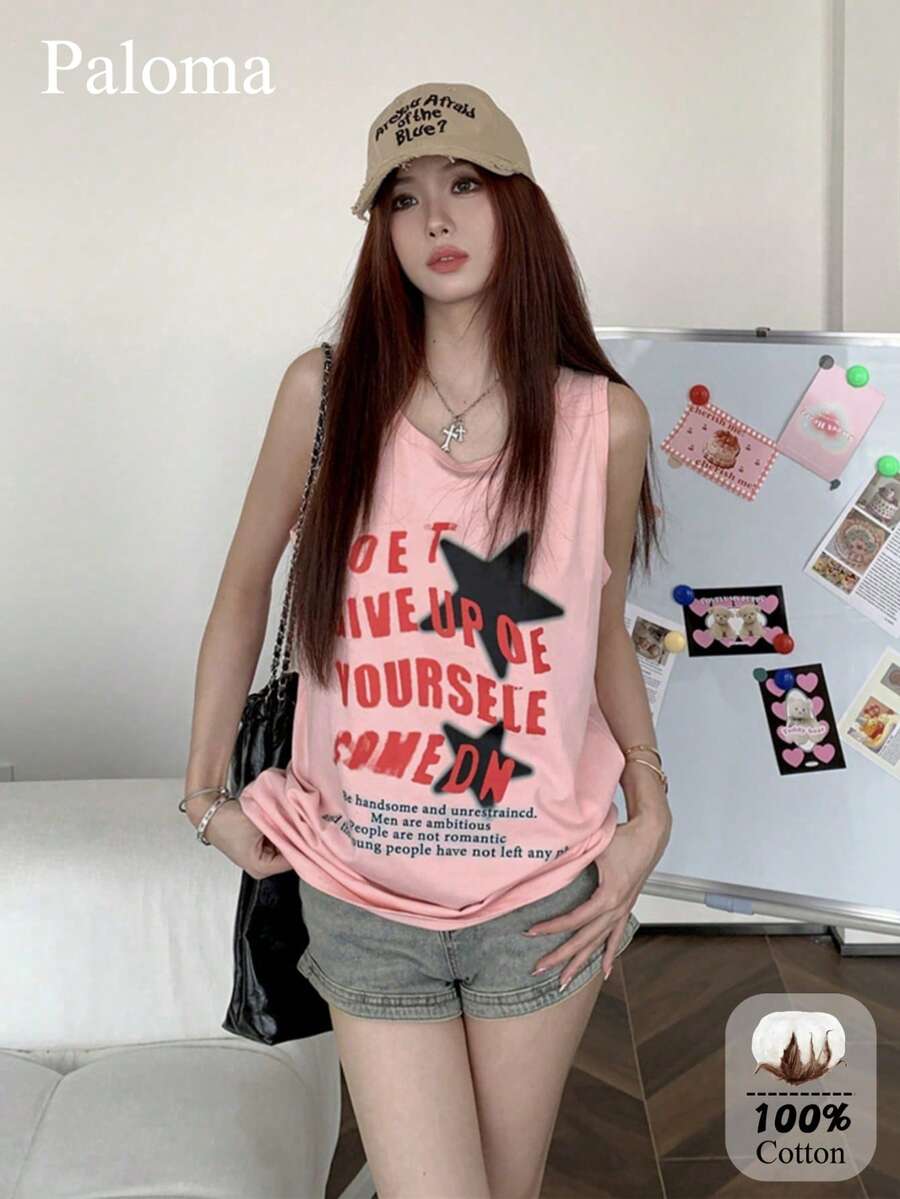 Summer Sweet & Spicy Casual Slogan Star Print Loose Fit Tank Top Pink - Pink - View 1