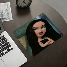 自信長髮娃娃方形滑鼠墊，酷女孩角色插畫設計，吸睛桌面裝飾保護墊，橡膠防滑縫邊辦公墊，小尺寸適用於筆記型電腦、桌上型電腦遊戲、辦公、日常使用 - 查看 2