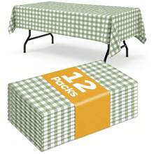 1/6/12pcs - 137*274cm Sage Green & White Plastic Plaid Tablecloth, Decorative Disposable Sage Green Plaid Tablecloth, Rectangular Party Tablecloth, Suitable For Picnic, Farm, Birthday, Wedding - Green Rat Tail - View 2
