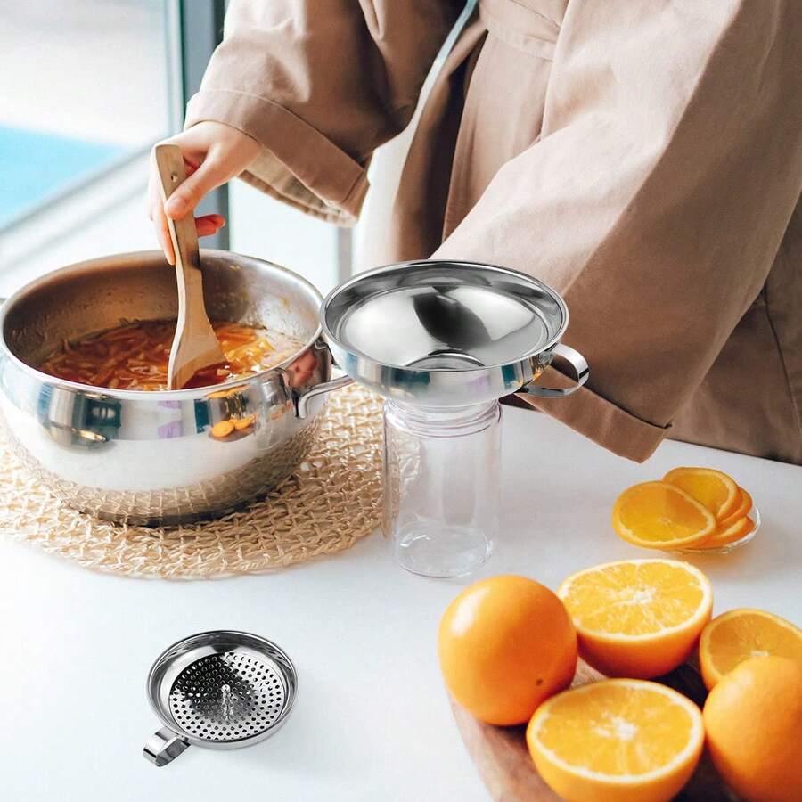 Stainless Steel Wide Mouth Funnel With Detachable Filter Screen, Home Kitchen Dispensing And Filling Funnel, Can Filter Juice, Oil, Jam, Large Diameter Design Convenient For Pouring Granular Ingredients, Compatible With Mason Jars, Glass Bottles And Various Containers, Stainless Steel Material Corrosion-Resistant, With Hanging Handle For Easy Storage, Detachable Filter Screen Can Filter Fruit Pulp And Impurities, Filling Sauces, Honey, Oil, Juice Without Spilling, Easy To Disassemble And Wash Without Residue, Practical Tool For Home Kitchen Dispensing, Pickling, Brewing, Juicing, Kitchen Liquid And Solid Dispensing And Filtering Auxiliary Cookware