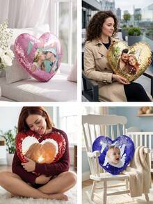 Custom Personalized Sequin Heart Throw Pillow - Photo Reversible Magic Pillow - Unique Gift For Couples, Family, Baby - Home Decor, Sofa, Bedroom, Valentine's Day, Anniversary - Multicolor - View 5
