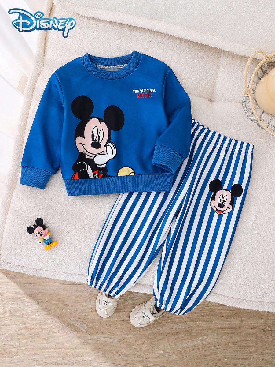 Disney 2pcs/Set Autumn Mickey Mouse Print Long Sleeve Ribbed Sweatshirt And Elastic Waist Blue & White Striped Sweatpants Outfit, Cartoon Pattern, Slight Stretch, Suitable For Baby Toddler Newborn Daily Wear, Spring Gift - Blue - View 1