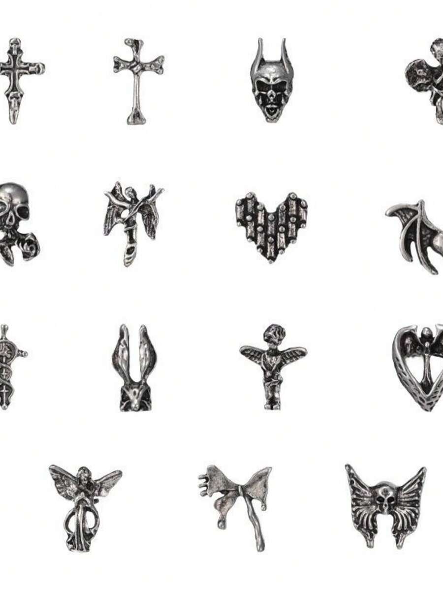 10PCS Halloween Gothic Cross Skull Angel Nail Charms Dark Vintage Metal Nail Art Decor For DIY Press On Nails Party - Silver - View 1