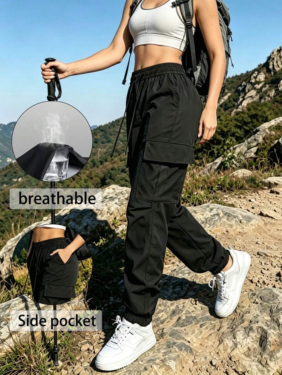 女款戶外登山褲,多口袋快乾透氣工裝慢跑褲,適合登山、露營、休閒日常穿著運動,黑色 - 黑色 - 查看 1