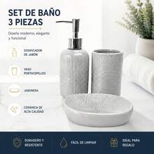 3-Piece Grey Ceramic Bathroom Accessory Set With Soap Dispenser, Toothbrush Holder And Soap Dish, Modern Geometric Relief Design - 白色 - 查看 7