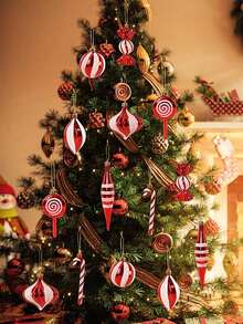 14pcs Festive Christmas Candy Cane Balls Ornament Set - Red & White Striped And Polka Dot Plastic Hanging Pendant For Holiday Tree, Window, Home & Office Decor, Candy Theme Christmas Gift Decorations - Multicolor - View 5