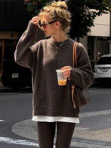 New Autumn/Winter Women's Square Neck Deep Brown Ribbed Collar Sweater, Casual Everyday Versatile - Brown - View 2
