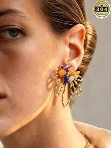 1 Pair Women's Colorful Natural Stone Stainless Steel Earrings, 18K Gold Plated, Hollow Flower Design, Women's Stainless Steel Jewelry, Stainless Steel Material Resistant To Fading And Hypoallergenic, Women's Jewelry, Women's Accessories, Best Gift Choice - Style 1 - View 1