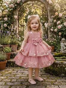 Baby Girls Sequin Mesh Bow Tutu Dress, Cute Flower Girl Dress For Party, Headband Not Included - Dusty Pink - View 7