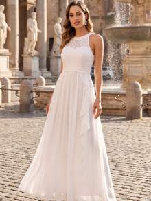 YUMIBRAVO Elegant Bridal Destination Wedding Gown, Chiffon Floor-Length White Dress, Suitable For Wedding Ceremony, Bridal Party, Beach Wedding - White - View 2