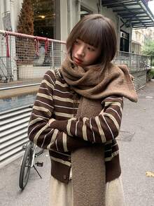 女款復古拼色條紋針織開襟衫，春秋休閒寬鬆上衣 - 駝色 - 查看 1