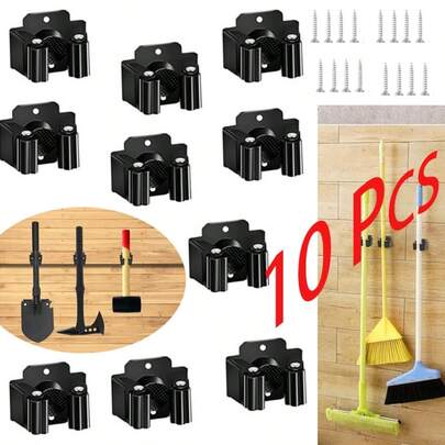 Garage Storage Racks Stainless Steel Broom Holders, Wall Mounted Mop Bracket Heavy Duty Tool Hook Brush Storage Organiser With Non-Slip Silicone Gear For Kitchen Bathroom Closet Garden Garage(10 Pcs)