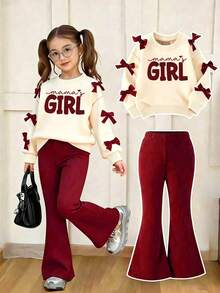 Tween Girl Letter Print Crew Neck Sweatshirt And Flare Pants Set - Apricot - View 1