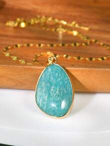 1pc Exquisite Natural Stone Pendant Necklace, Fashionable Gold Stainless Steel Chain, Celestite & Lapis Lazuli Pendant Choker - Multicolor - View 9