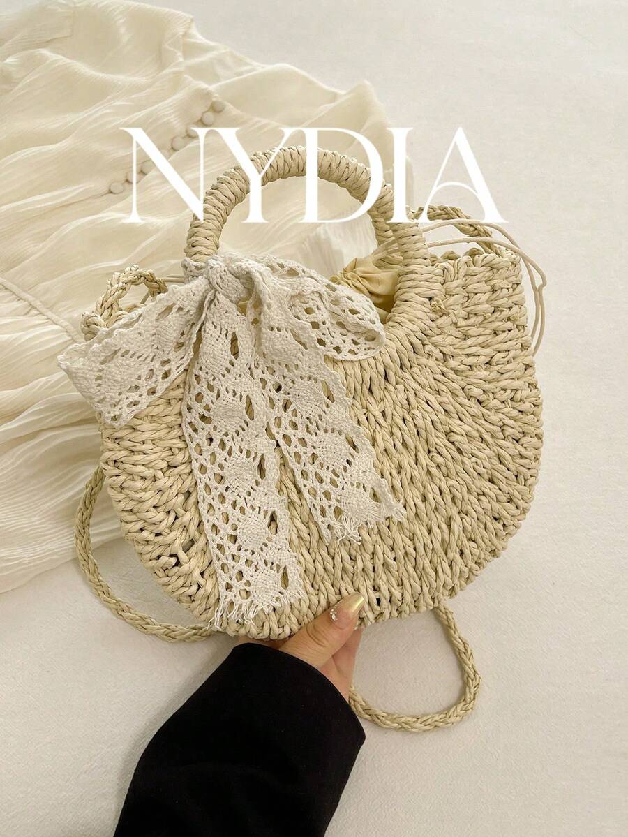 1个贝壳和海星装饰草编包，可拆卸链条迷你编织手提包，夏季海滩度假日常使用