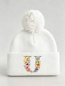 1pc Baby Beanies Boy Girls White Pom-Pom Cap With A-Z Letter Colorful Floral Hat For Boys And Girls Ages 0-8Y, For Hat Accessories Winter Warm Hat - Multicolor - View 59