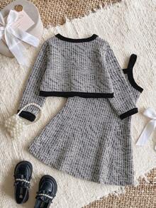 Girls French Style Tweed Short Cardigan & A-Line Pinafore Dress 2 Pieces Set, Party Casual, Spring/Autumn - Pink - View 2