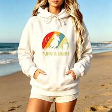 Women's Hooded Sweatshirt,Retro Style,Printed With The Silhouette Of A Horseman And"Turn And Burn"Text Pattern,Casual Wear,Suitable For Spring And Aut - 白色 - 查看 1