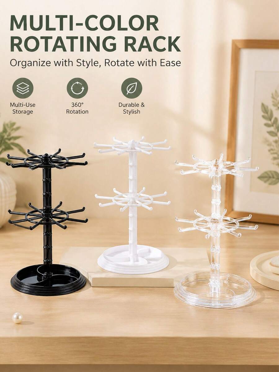 16-Hook Rotating Storage Rack, Adjustable Bottom Spacing, Can Be Used As Key Rack/Display Stand, For Storing Keys, Glasses, Or As A Desktop Jewelry Stand With Tray For Necklaces - Multicolor - View 1