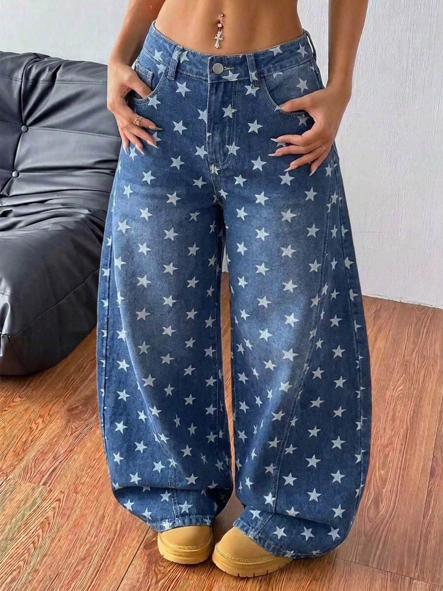 Women's American Street Y2K Casual Star Print Loose Wide Leg Barrel Jeans - Medium Wash - View 1