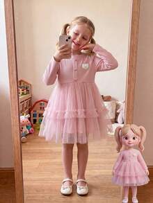 Little Girl Pink Tulle Dress With Ruffle Layered Skirt Design, Cute Pattern Decoration, Long Sleeve Knitted Princess Dress, Children's Daily And Party Wear - Pink - View 1