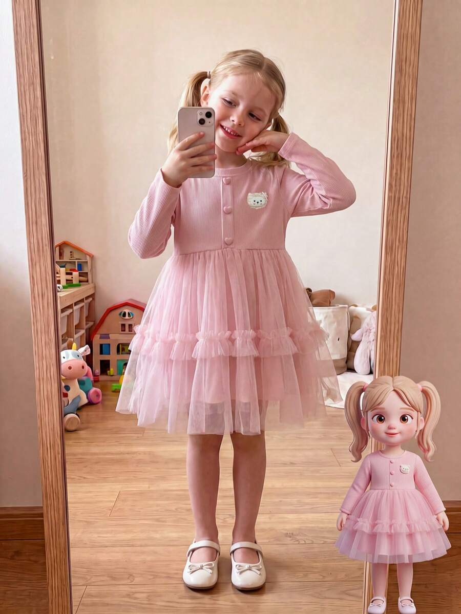 Little Girl Pink Tulle Dress With Ruffle Layered Skirt Design, Cute Pattern Decoration, Long Sleeve Knitted Princess Dress, Children's Daily And Party Wear - Pink - View 1