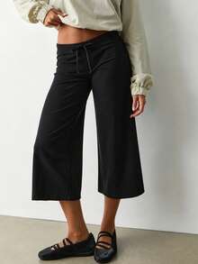 Women Drawstring Waist Culotte Pants Casual Loose Wide Leg Cropped Trousers - Black - View 3