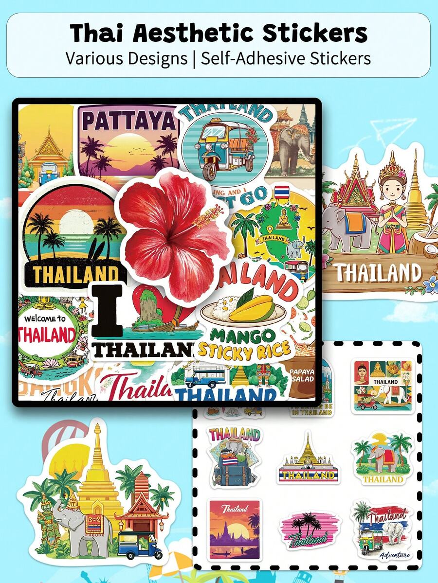 50pcs Thai Aesthetic Stickers-Southeast Asian-Perfect For Scrapbooks, Bullet Journals, Suitcases, Water Bottles, And Parties-DIY Gifts - 50pcs/pack - View 1