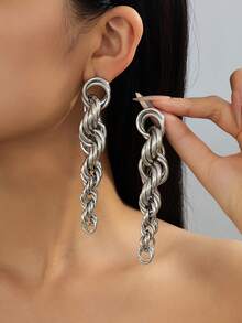 Heavy Metal Punk Style Silver Thick Twisted Chain Long Earrings With Interlocking Rings And Dangle Street Style Hot Girl Gold Accessories - Silver - View 10