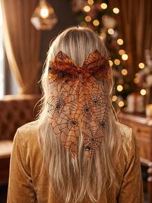 2pcs Halloween Pumpkin Spider Web Bow Headband & Spring Clip Set, Orange Tulle Hair Accessories For Women Girls Cosplay Party Gothic Costume Styling - Multicolor - View 6