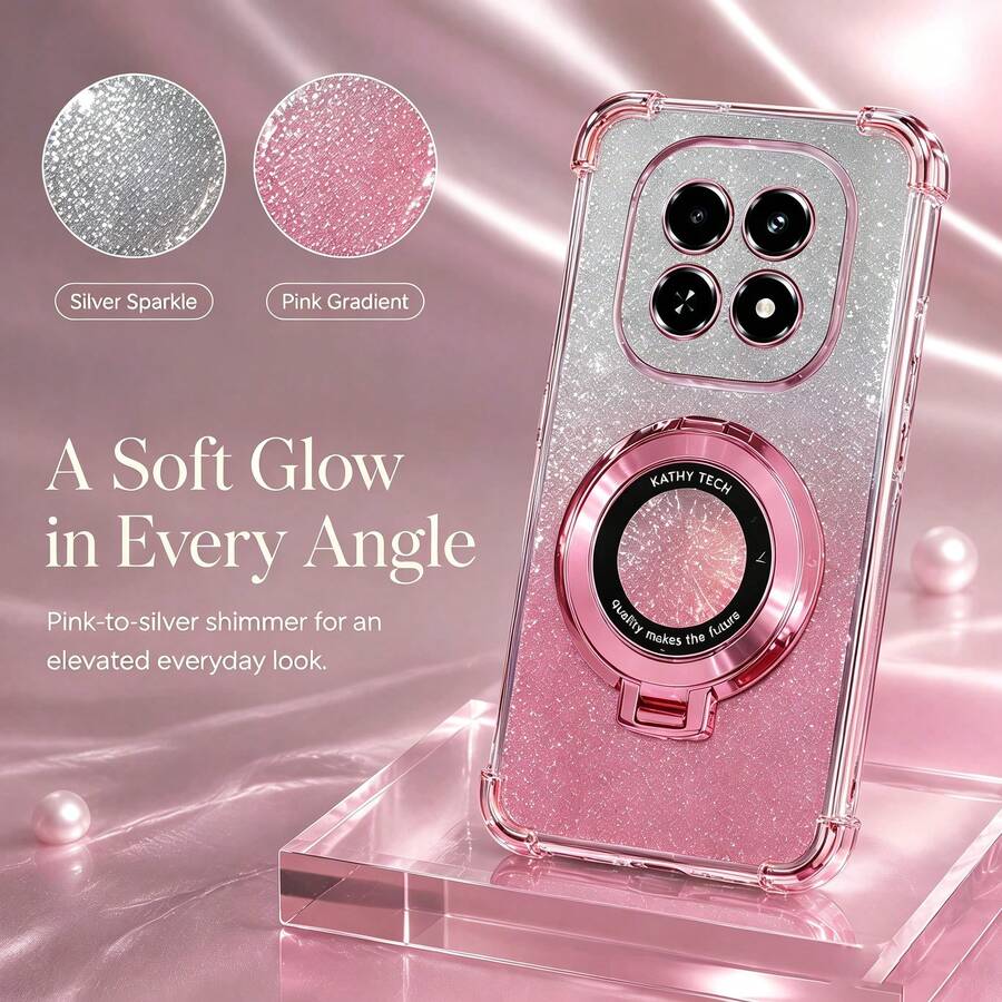 Shockproof Glitter Electroplated Magnetic Stand Phone Case, Compatible With Redmi 17 Note 17 15 14 13 12 11 Pro Plus - Pink - View 1