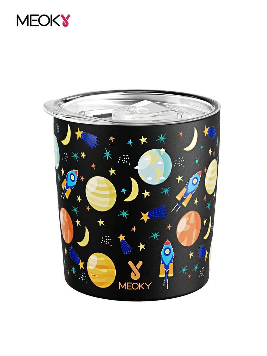 Meoky 8oz 黑色太空火箭與行星印花短款不鏽鋼杯,附防濺蓋,便攜旅行飲水杯 - 黑色太空 - 查看 1