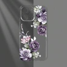 1 pieza Funda de teléfono de pantalla completa con patrón floral y de hojas púrpura de alta transparencia, material TPU transparente suave, anti-caídas, anti-rayones, anti-huellas, protección de lente de cámara, compatible con Apple, Nothing, Pixel, funda protectora - Multicolor - Ver 4