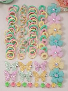 172pcs Spring/Summer Pastoral Style Hair Accessories Set For Girls, Includes Bows/Pearl Glitter Mesh Flowers/Sequin Butterflies/Stars And Flower Hair Clips, Pom Pom Hair Ties And Multiple High Elasticity Basic Hair Ties, Mini Claw Clips. Suitable For Daily/Outing/Party Use. - Multicolor - View 3