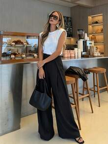 Women's Black Pleated Versatile High-Waist Wide-Leg Long Pants, Fall/Winter Going Out Business - Black - View 6