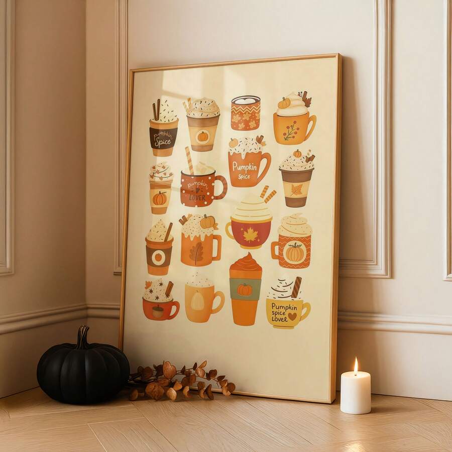 1pc Frameless Cartoon Pumpkin Spice Latte Wall Art Dorm Gift - Multi-color - View 1