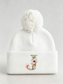 1pc Baby Beanies Boy Girls White Pom-Pom Cap With A-Z Letter Colorful Floral Hat For Boys And Girls Ages 0-8Y, For Hat Accessories Winter Warm Hat - Multicolor - View 43