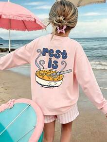 Cute "Rest Is Productive" Bowl Graphic Long Sleeve T-Shirt, Cartoon Food Print Crew Neck Casual Fall Tee - Pink - View 2
